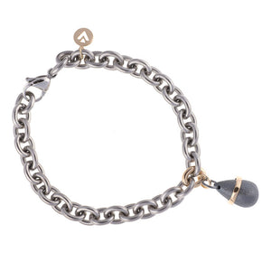 Armbånd i stål m/ gull ledd og dråpe i oksidert sølv og gull